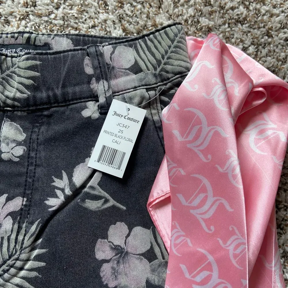 Juicy Couture Floral Print California Skinny Jean Women's 25 Black Stretch Scarf - Picture 3 of 10